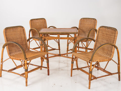 Vintage French Wicker Set Of Four Chairs And Table