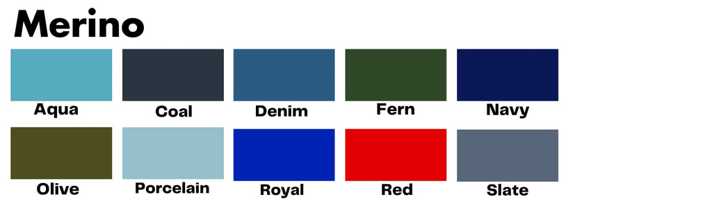 Colour chart for Merino 200 sleeveless: aqua- coal- navy-fern-red-porcelain-etc