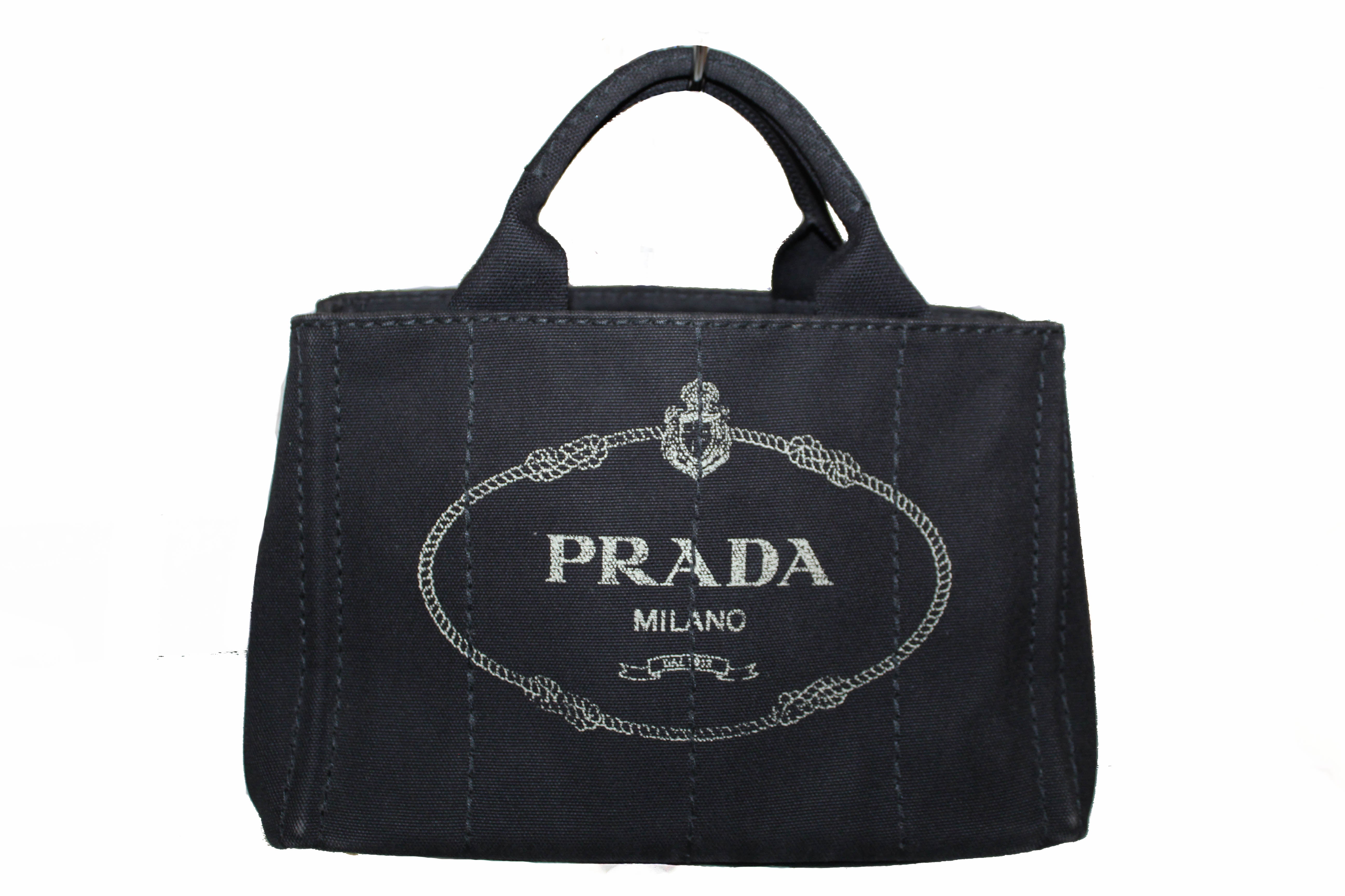 Authentic Prada Black Small Canapa Fabric Printed Tote Handbag – Paris ...