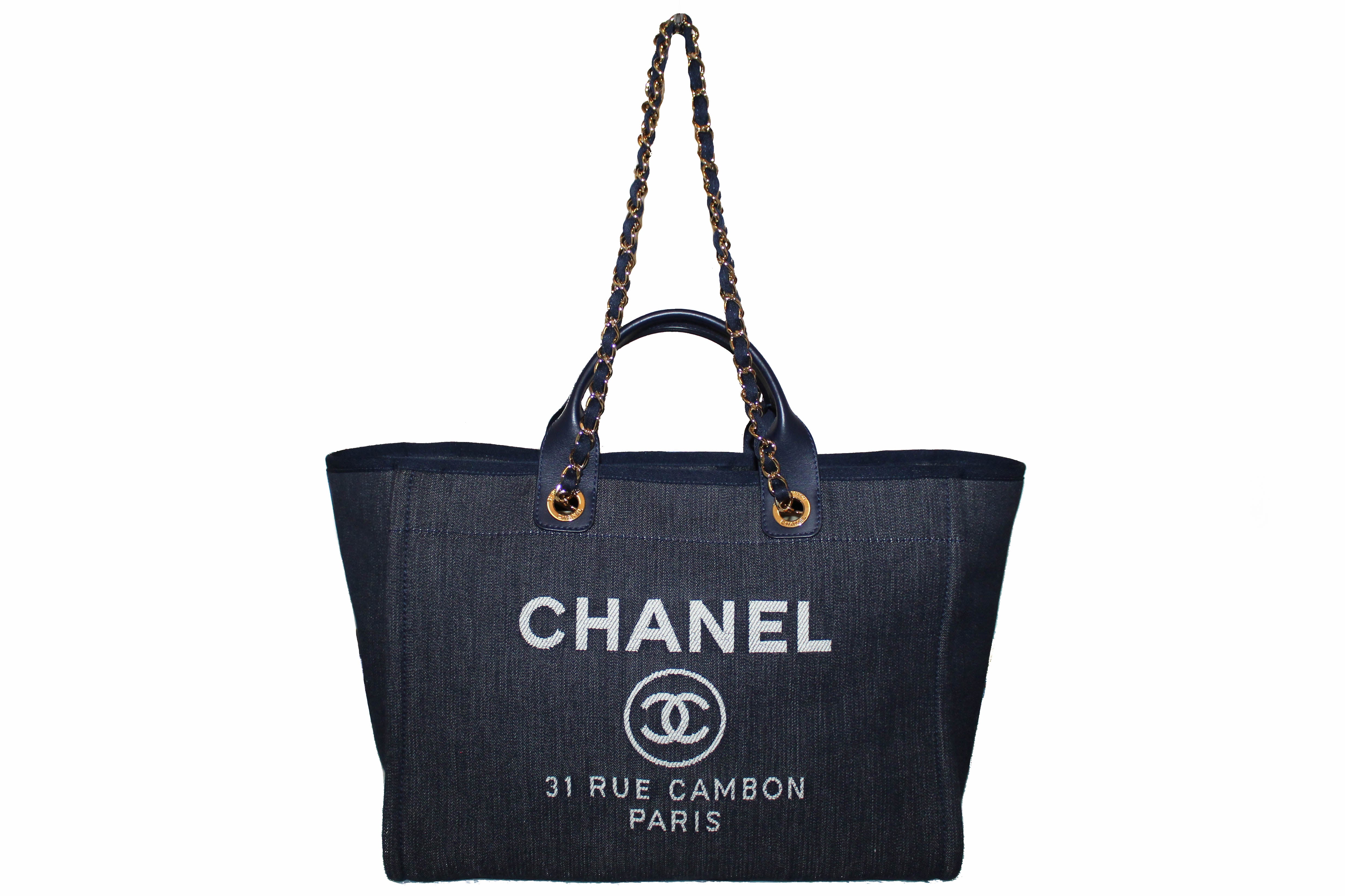 Authentic Chanel Deauville Dark Blue Denim Large Shopping Tote Bag ...