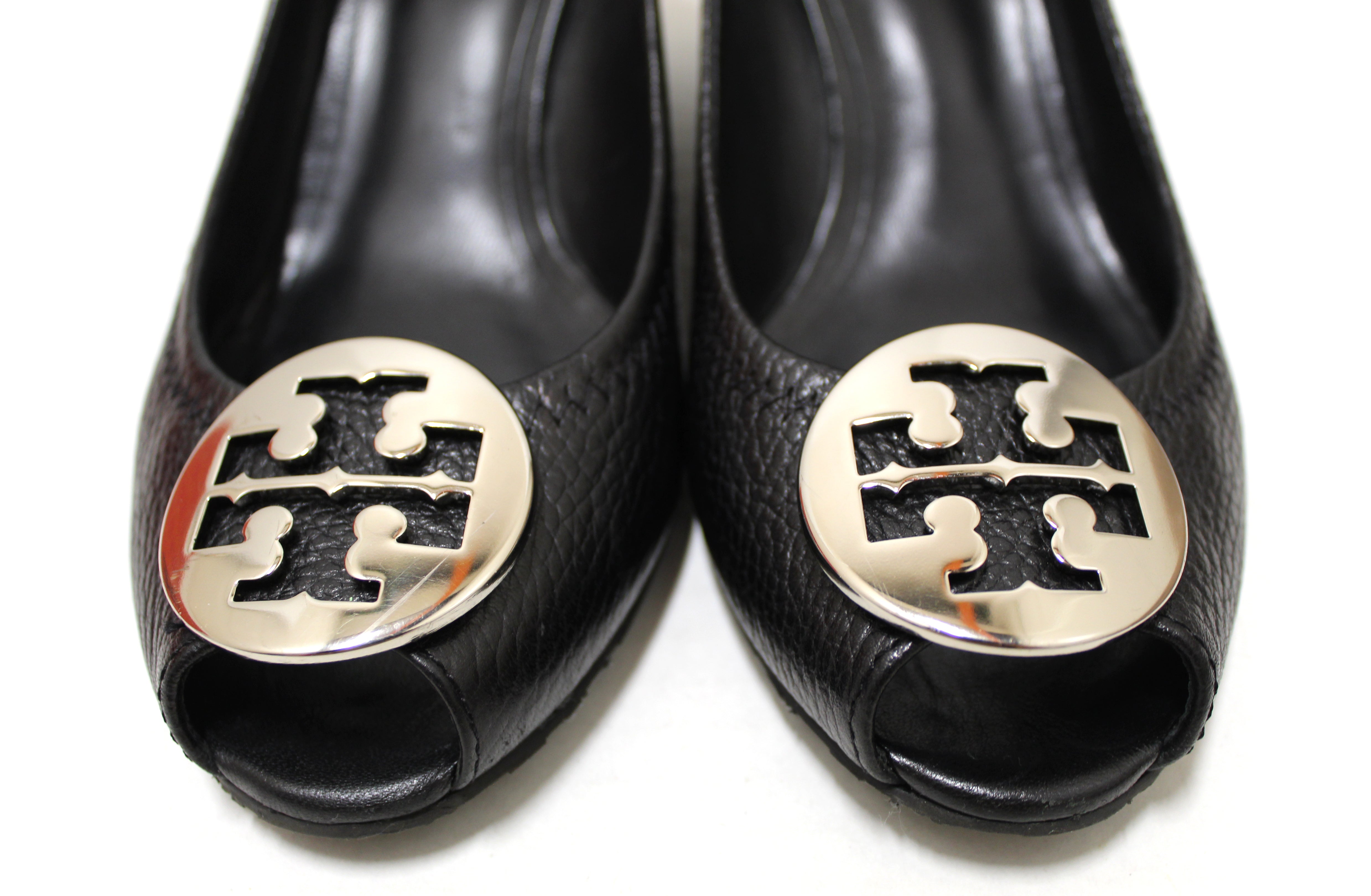 Authentic Tory Burch Sally 2 Black Leather Peep Toe Wedge Heel size 7 ...