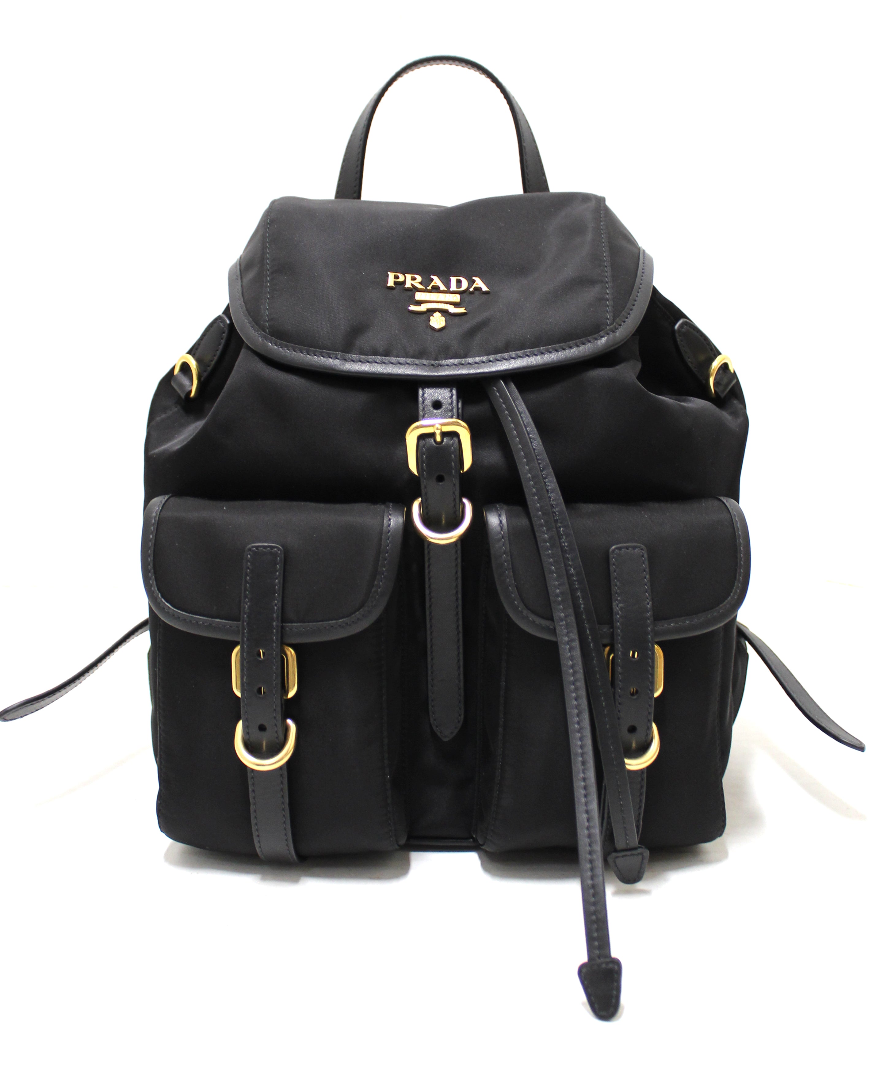 Authentic New Prada Black Nylon Small Backpack with Gold Hardware 1BZ6 ...