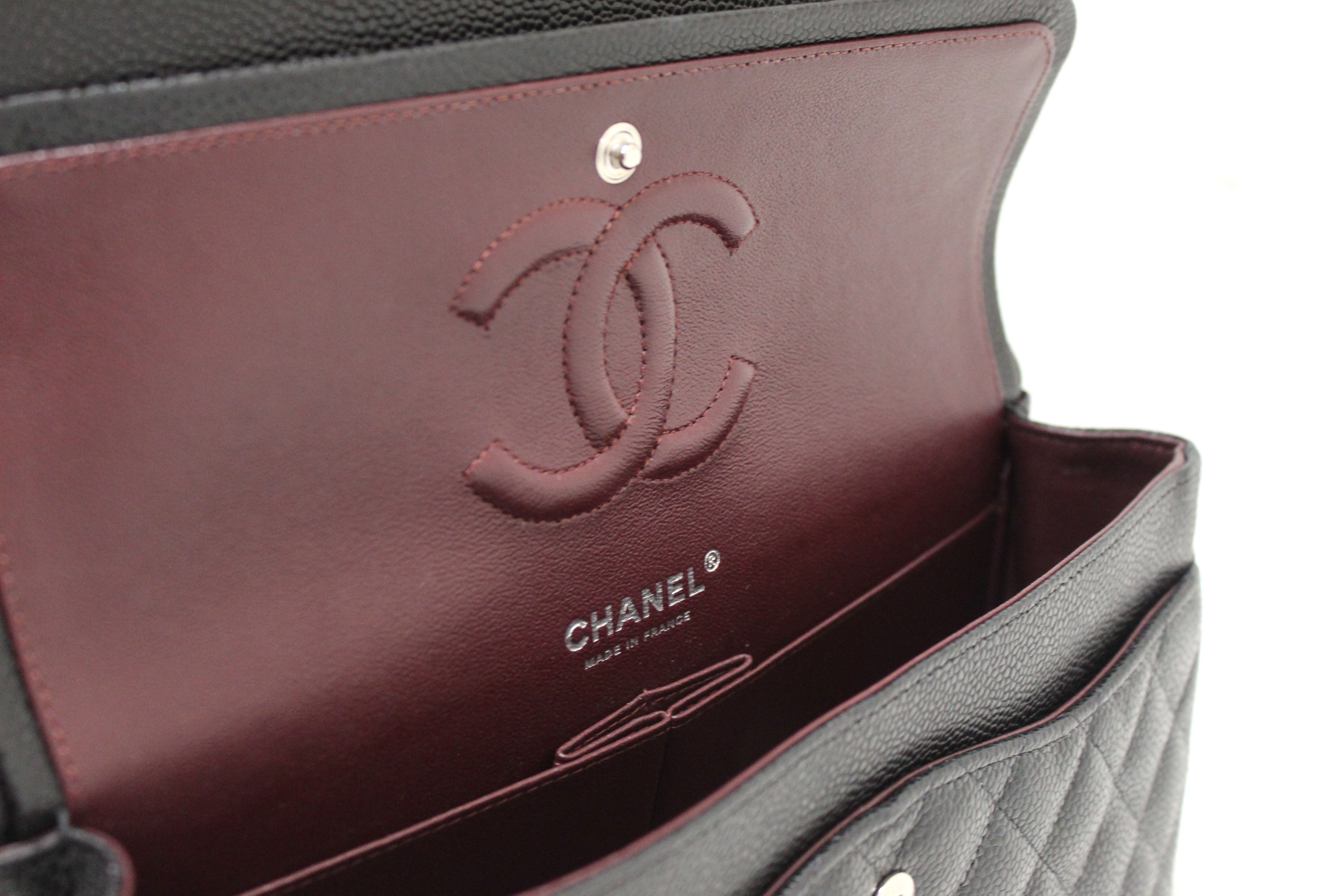 Authentic Chanel Classic Black Quilted Caviar Leather Classic Medium D –  Paris Station Shop