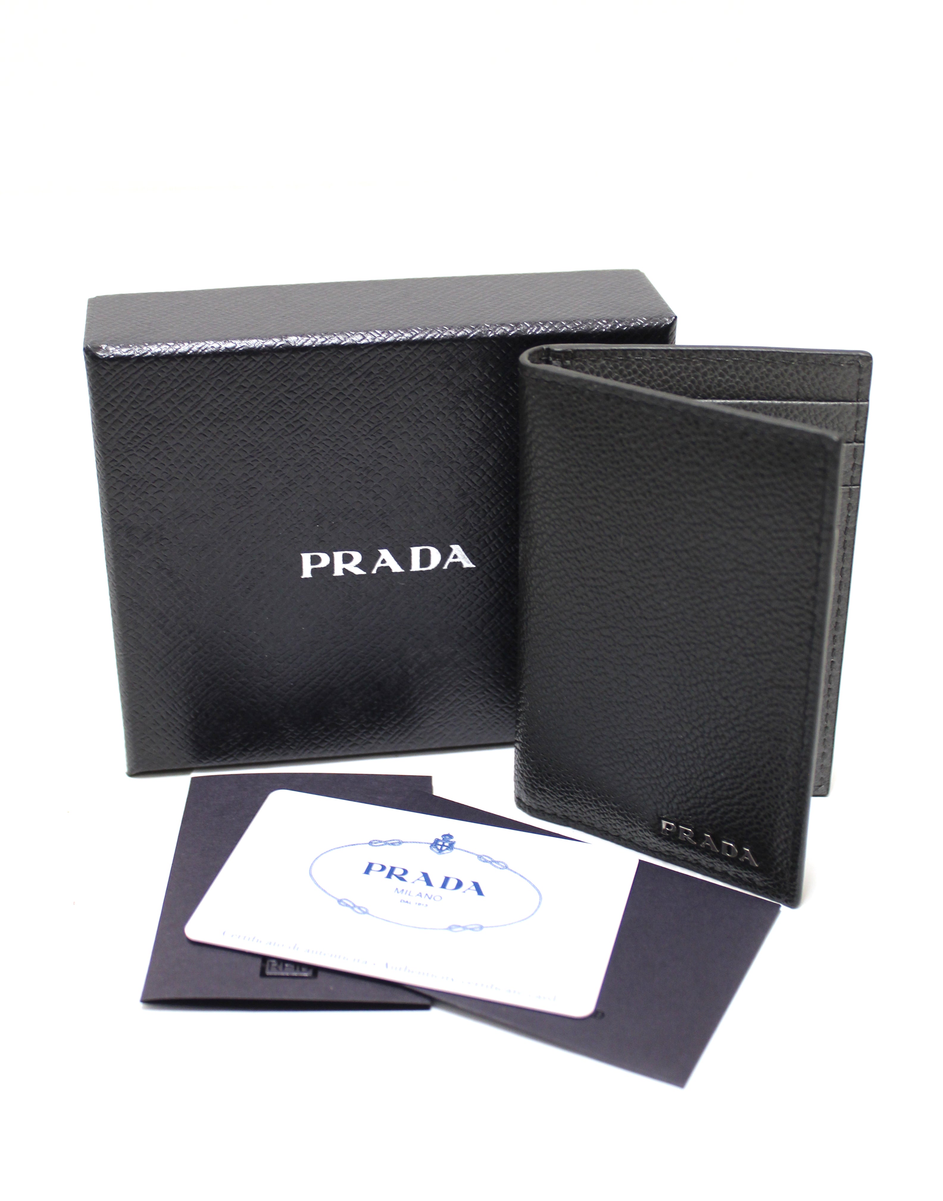 Authentic New Prada Black Calfskin Micro-Grained Leather Bifold Card H ...