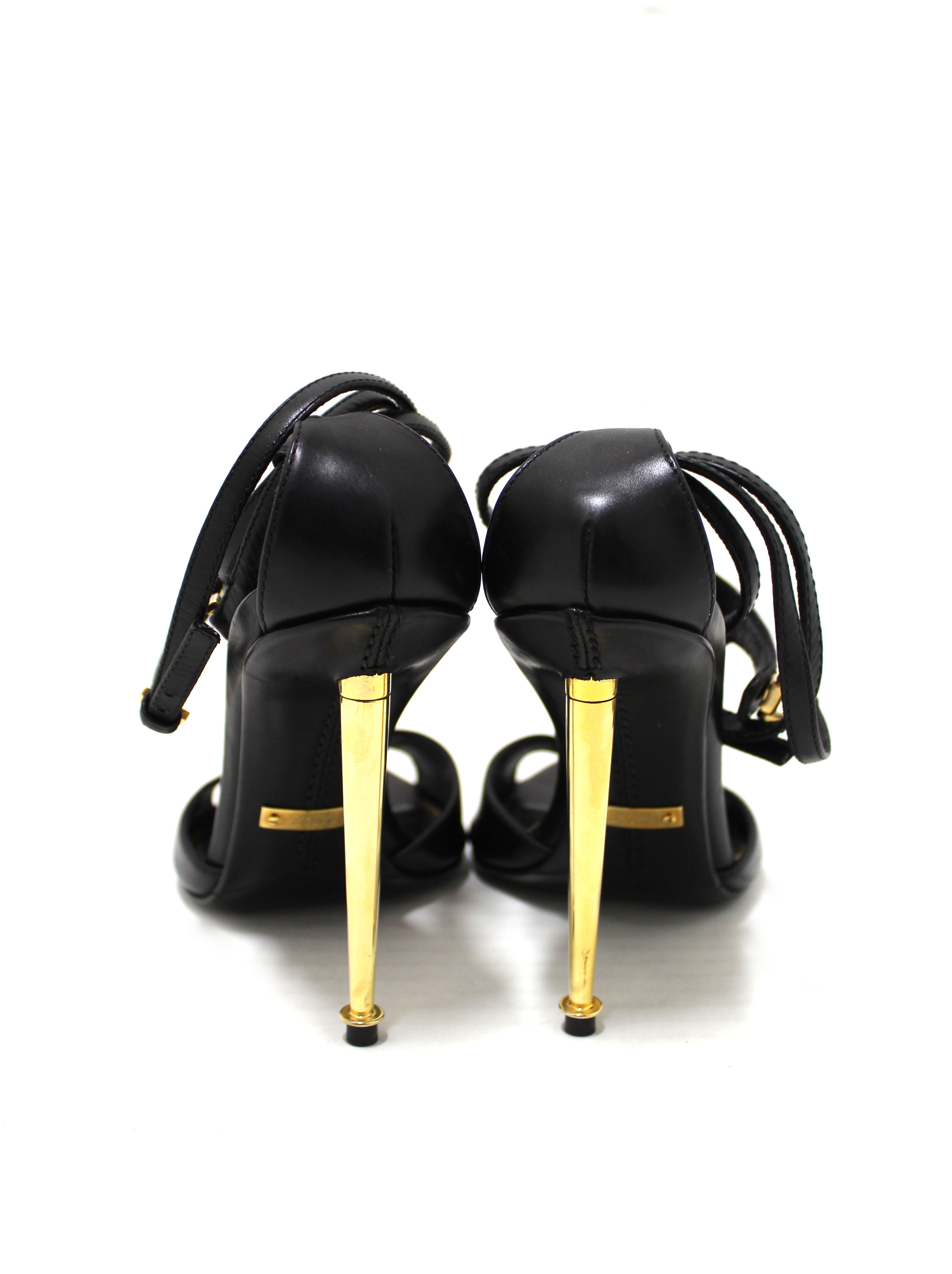 Authentic Tom Ford Black Leather and Gold Metal Strap Sandal Heels Siz –  Paris Station Shop