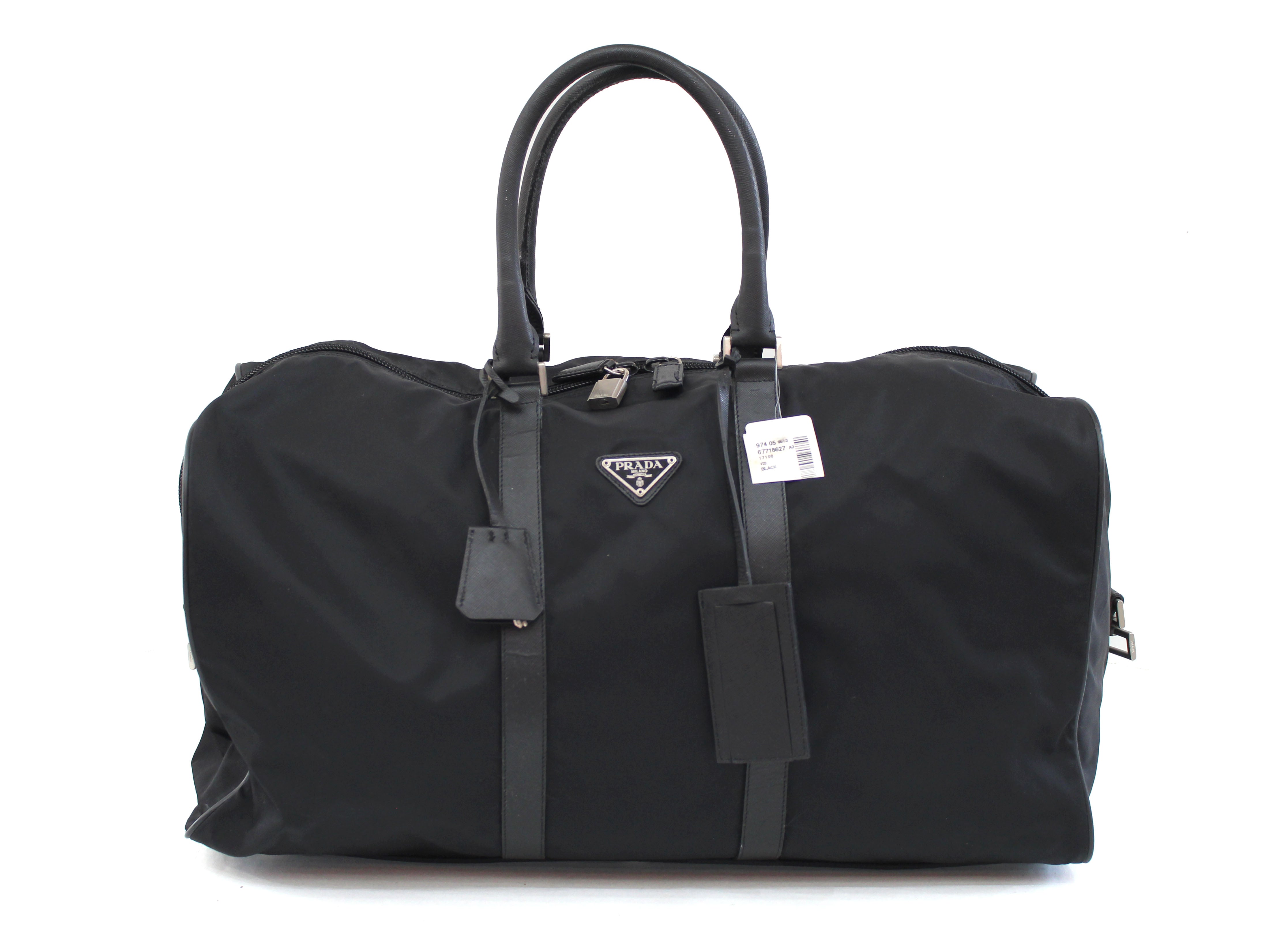 Authentic Prada Black Nylon and Saffiano Leather Duffle Travel Carry O ...