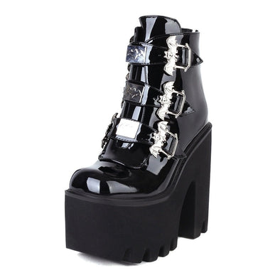 Goth Boots - Zora Black Patent Leather Platform Ankle Boots with