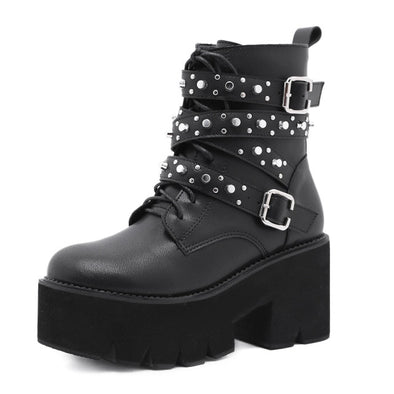 Goth Boots - Zora Black Patent Leather Platform Ankle Boots with