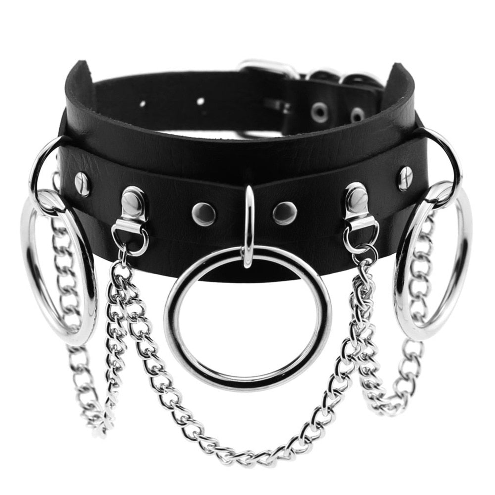 Punk Accessories Oversized Leather Collar with Ring and Chain