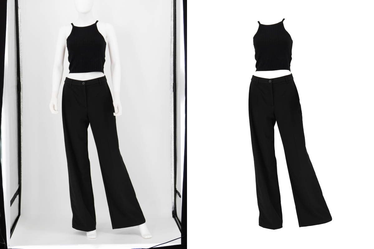 a mannequin wearing a black top and pants for a fashion e-commerce lookbook