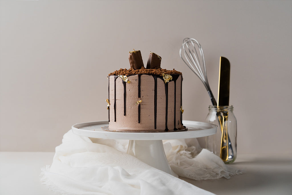 Chocolate cake on a light brown backdrop
