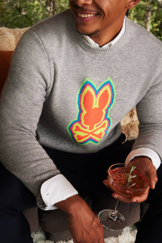 model wearing a grey sweater with a bunny orange, yellow and green