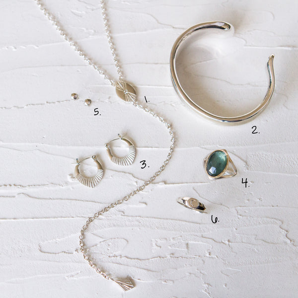 Cera's 7 Days of Jewelry Looks, Day 1: Silver Cuff, Lariat, Hoops and a moss aquamarine statement ring