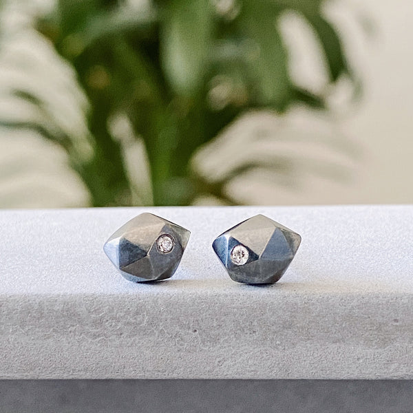 Oxidized silver and diamond tiny fragment stud earrings