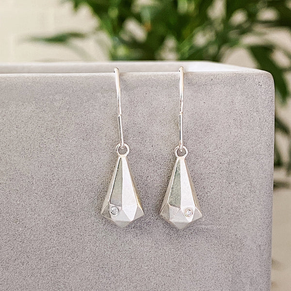 sterling silver faceted fragment dangle earring with white diamond