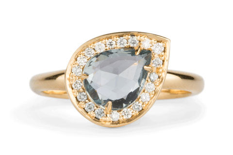 Offset Pear Blue Rose Cut Sapphire Halo Engagement Ring in Yellow Gold