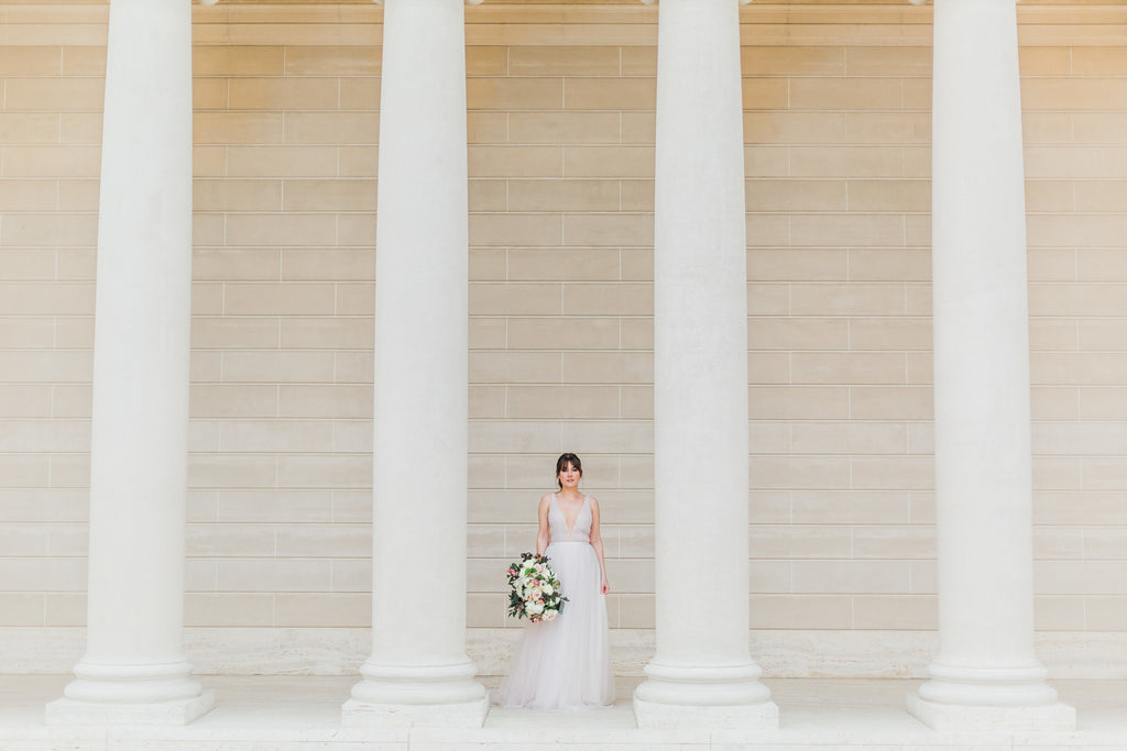 Romantic Legion of Honor Wedding Shoot | Planner & Stylist: Hermosa Weddings and Events / Photographer: Corinna Rose Photography / Model: Chelsea Simmons / Jewelry: Corey Egan / Bridal Gown Designer: Sincerity Bridal / Bridal Gown: Collezione Fortuna Fashion Boutique & Bridals / Suit: Stitch & Tie/  Hair & Makeup Artist : April Foster Bridal /  Florist: Wildflower / Jewelry: Corey Egan / Calligrapher: JK design