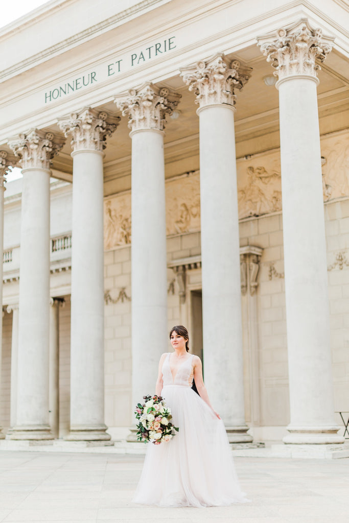 Romantic Legion of Honor Wedding Shoot | Planner & Stylist: Hermosa Weddings and Events / Photographer: Corinna Rose Photography / Model: Chelsea Simmons / Jewelry: Corey Egan / Bridal Gown Designer: Sincerity Bridal / Bridal Gown: Collezione Fortuna Fashion Boutique & Bridals / Suit: Stitch & Tie/  Hair & Makeup Artist : April Foster Bridal /  Florist: Wildflower / Jewelry: Corey Egan / Calligrapher: JK design