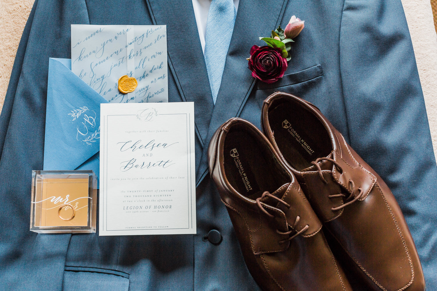 Romantic Legion of Honor Wedding Shoot | Photographer: Corinna Rose Photography / Suit: Stitch & Tie /  Florist: Wildflower / Jewelry: Corey Egan / Calligrapher: JK design / Planner & Stylist: Hermosa Weddings and Events 