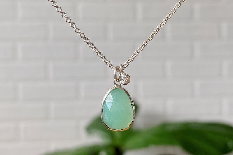 Chrysoprase silver and diamond rise cluster necklace