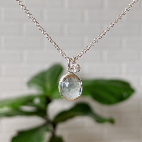 Rose cut Moss Aquamarine bezel set pendant with diamond pendant cluster in silver