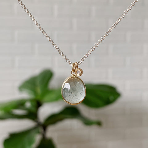 Rose cut Moss Aquamarine Gold and Diamond pendants on silver chain