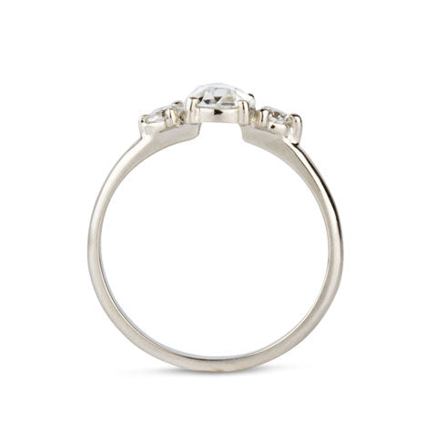 Three stone prong setting ring with rose cut diamond in white gold