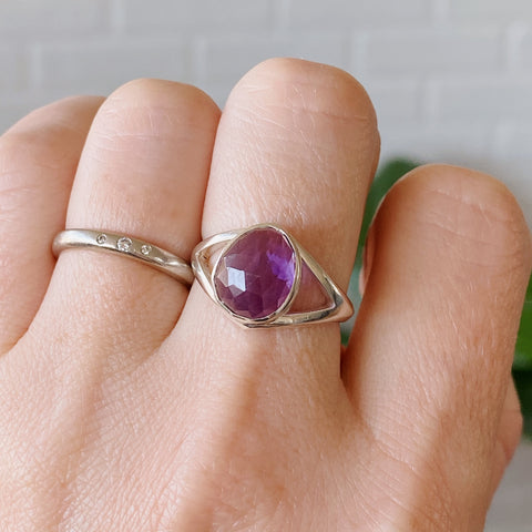 Rose cut amethyst silver bezel ring with split band