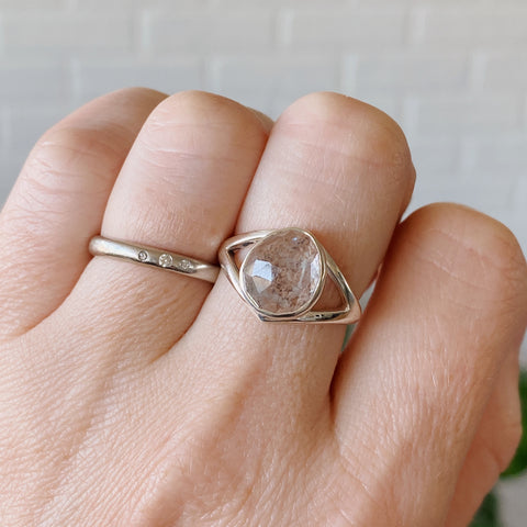 Rose cut moss aquamarine silver bezel ring with split band