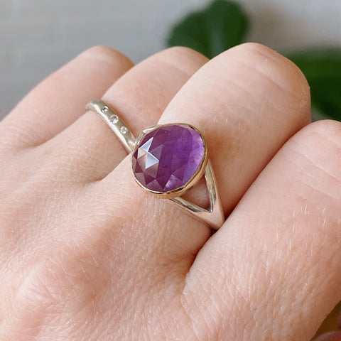 Rose cut amethyst gold bezel ring with silver split band