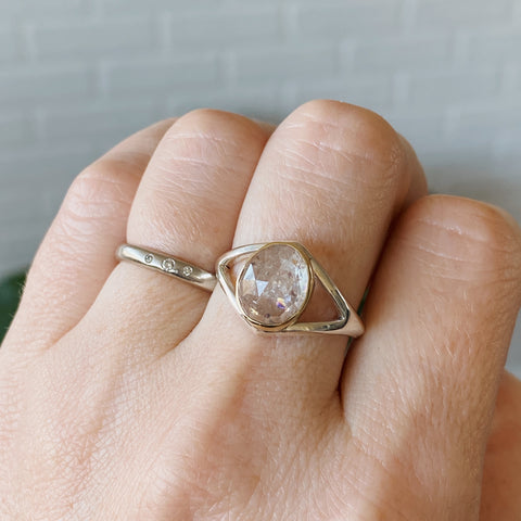 Rose cut moss aquamarine gold bezel ring with silver split band