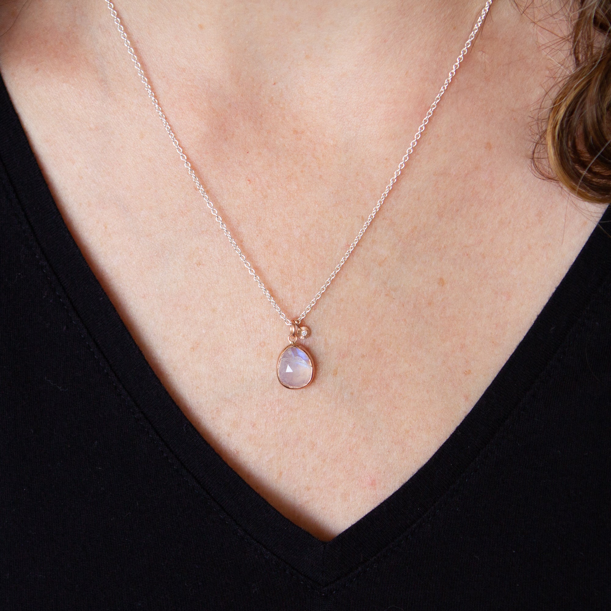Moonstone Silver and Rose Gold Rise Cluster Necklace