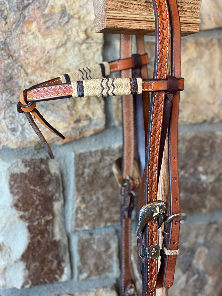 Single Ear Short Cheek Headstall with Punchy Slotted Mesa Conchos