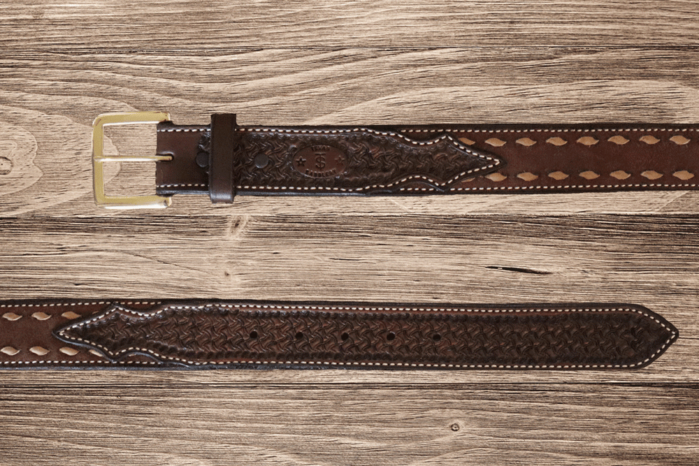 Buckstitch Trim Tooled Leather Belt & Buckle #5005 L