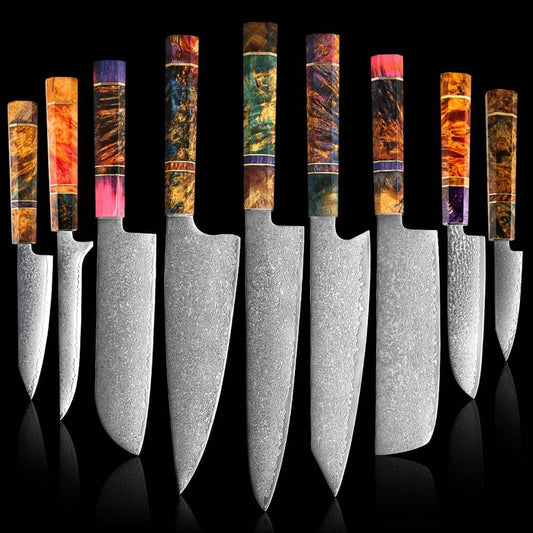 Damascus Kitchen Knife Set with Block, VG10 Damascus Steel, Stain & Rust  Resistant, Knives Set for Kitchen Included Chef Knife, Santoku Knife,  Paring