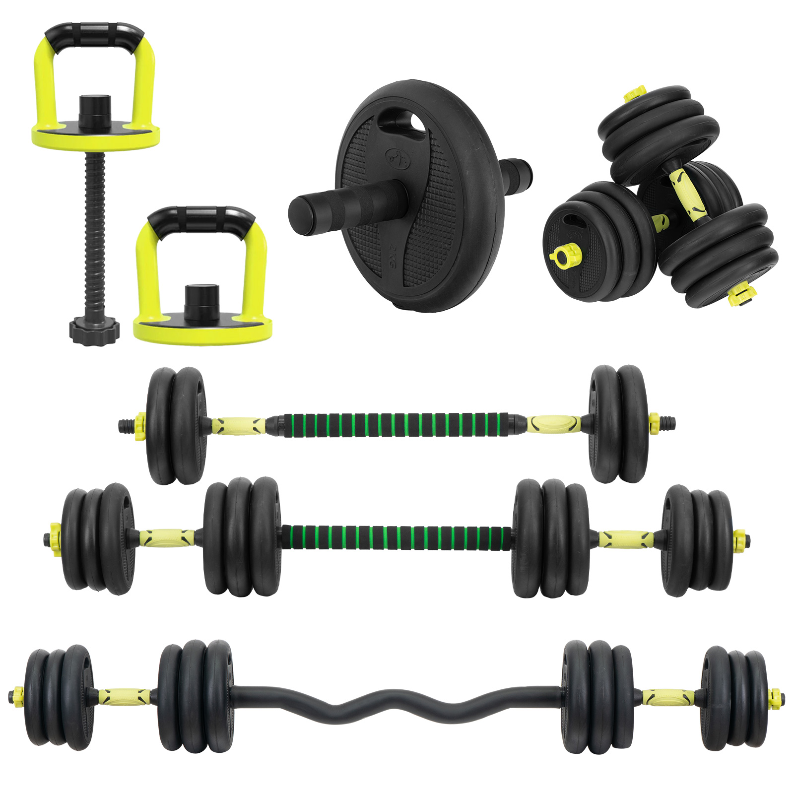 Set 2 Mancuernas Ajustables Total 30kg + Barra + Kettlebell – 6 En 1 –  STOKEADO