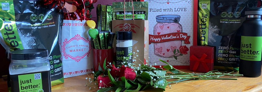 A Valentine-themed product line-up of just better.® Prebiotic Fiber with 3 long stem roses.