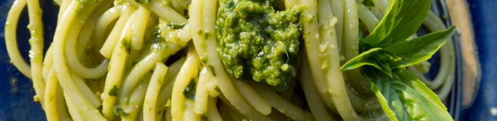 A plate of pasta with pesto and a sprig of basil garnish.