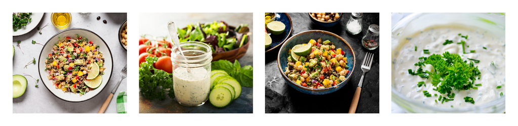 A series of four pictures left to right: bowl of avocado black bean quinoa on a table top with a fork nearby - a jar of herbed greek yogurt homemade salad dressing - bowl of avocado black bean quinoa on a table top with a fork nearby - a bowl of herbed greek yogurt homemade salad dressing.