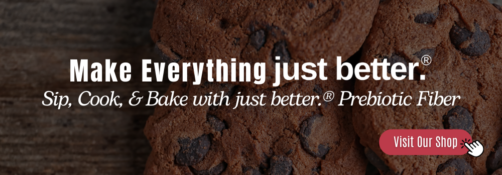 Sweet Potato Dark Chocolate Chip Cookies on a wooden surface with the text overlay that says, "Make everything just better. Sip, Cook, and Bake with just better prebiotic fiber.