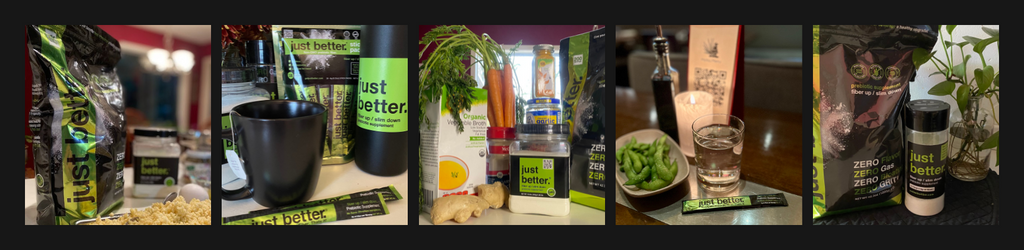 A collage of photos of various uses for just better prebiotic fiber in cooking and beverages.