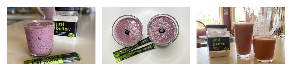 Pic 1: A 50-serving black and green pouch of just better fiber with a berry smoothie on a countertop. Pic 2: Pic 2: On a white countertop a glass of matcha berry smoothie with two just better fiber stick packs in the foreground and a canister of just better fiber. Pic 3: A canister of just better fiber with two smoothies on a countertop.