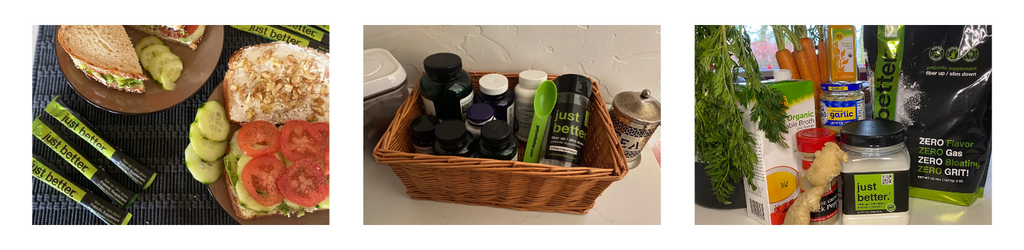 Three images. Image 1: Two sandwiches on plates, one is open-faced with tomatoes and cucumbers, the plates sit on a black woven placemat with several just better fiber stick packs. Image 2: A ratan basket with various bottle supplements where a shaker bottle of just better prebiotic fiber predominantly is placed along side a branded just better scoop. Image 3: An array of ingredients to make a soup: Carrots, broth, ginger, garlic, pepper, turmeric, and a container of just better prebiotic fiber with a large pouch of just better prebiotic fiber. 