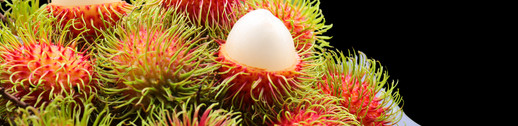 A bunch of rambutan fruit with three of them halfway peeled.