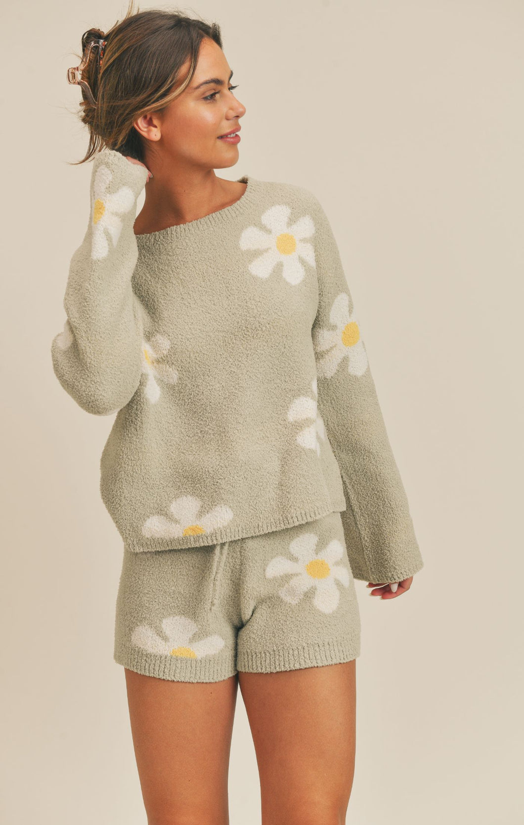 Pistachio Flower Power Plush Sweater Shorts