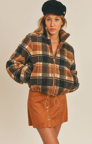 Checkered Plaid About You Zip Up Sherpa Jacket