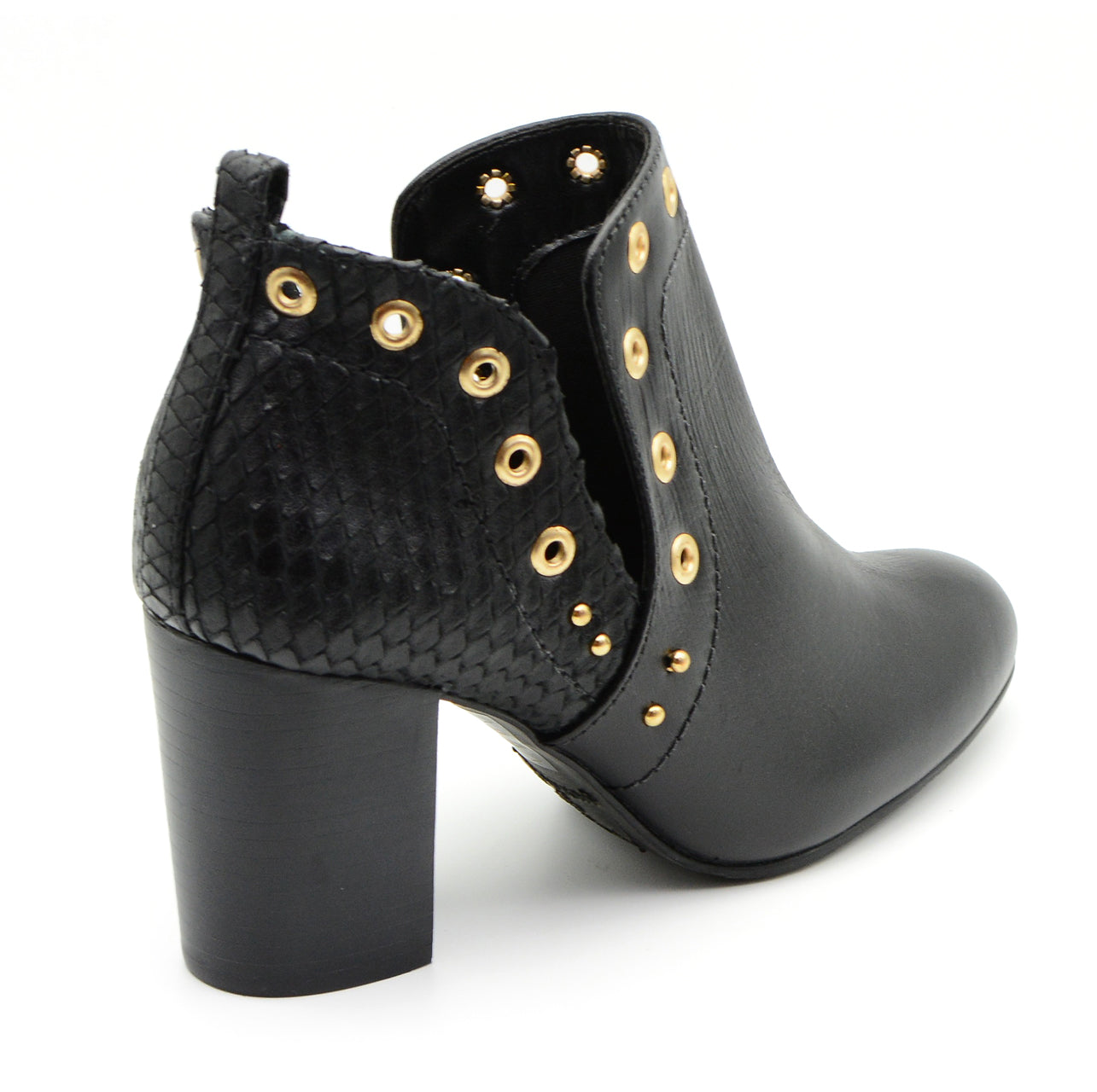 black ankle boots with gold studs
