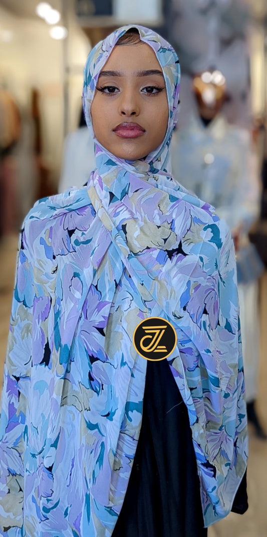 Zizi Boutique Silk Print Hijab - Powder Blue/Grey/Pink Flowers