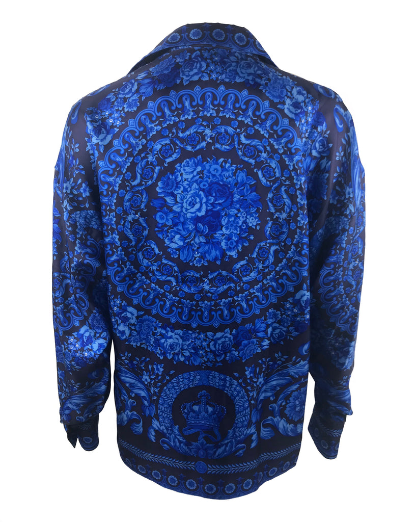 versace blue baroque print silk shirt