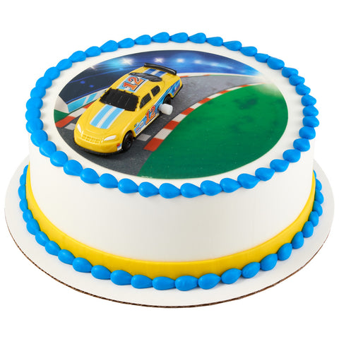 Race car cake with edible image.